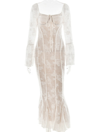 透け感のあるレースのマキシドレス 長袖 スクエアネック マーメイド ボディコン パーティードレス レディース 2025