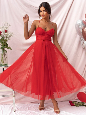 レッド Corest ミディドレス スパゲッティストラップ シャーリング レースアップ チュールスカートドレス