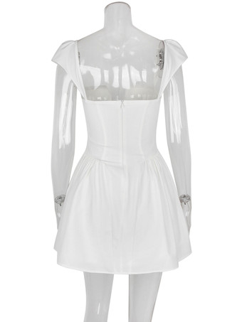 White Mini Dress Cap Sleeve Square Collar Birthday Party Sexy A-line Pleated Dress For Women 2025