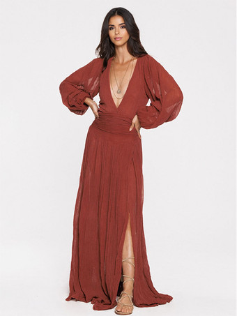 BordeauxRobe Maxi Col V Manches Longues Robe Longueur Sol Fendue Haute