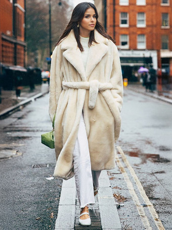 ロングライン フックスファーコート ノッチラペル ベルト付き 環境に優しい冬用ジャケット 2025