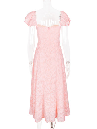 花柄ジャカード ソフトピンクドレス バタフライスリーブ Aライン ミディ丈 パーティードレス レディース 2025