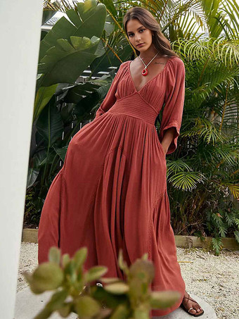 ボヘミアンドレス プリーツ Vネック 七分袖 ビーチ マキシドレス