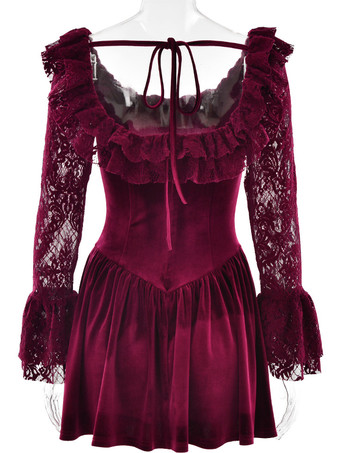 ヴィンテージ ベルベット ドレス レース フレア スリーブ バーガンディ スクエア カラー バースデー パーティー ミニ ドレス 2026