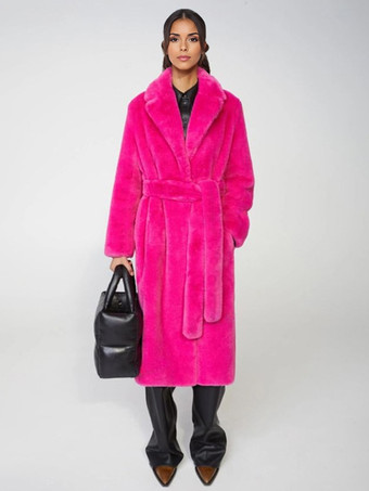 ローズレッドロングライン フックスファーコート ノッチラペル ベルト付き 環境に優しい冬用ジャケット 2025