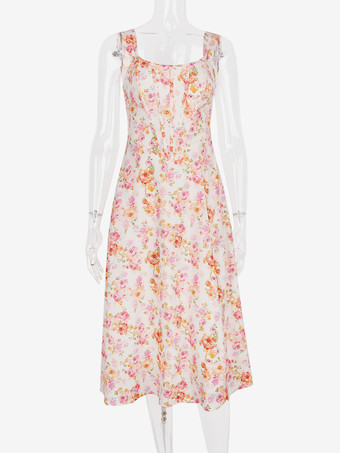 コルセットドレス 花柄 ワイドストラップ バックレス レースアップ スリット セクシー パーティー ミディドレス