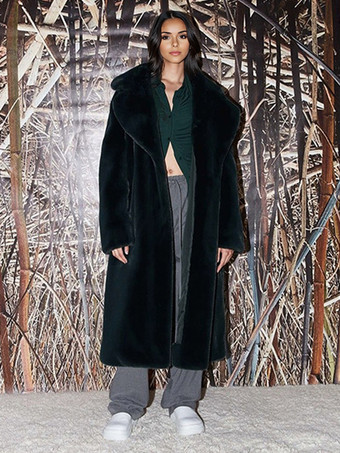 ダークグリーンロングライン フックスファーコート ノッチラペル ベルト付き 環境に優しい冬用ジャケット 2025