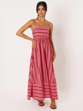 サマードレスストラップネックストライプカットアウトバックレスアプリコットロングビーチドレス