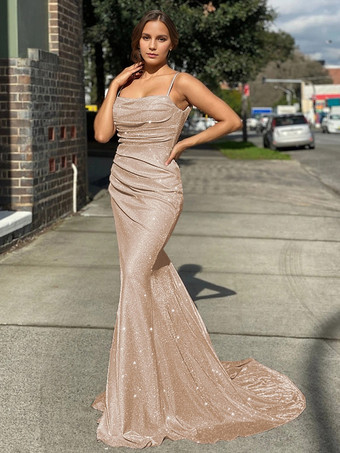 シャンパンカラー誕生日パーティードレス ブルー ストラップネック ノースリーブ バックレス プロム ロング アクアティックドレス