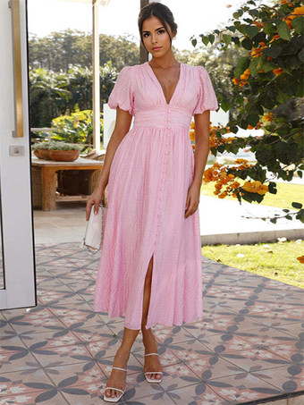 バターイエローのサンドレス、プランジパフスリーブ、カジュアルサマーマキシドレス 2025