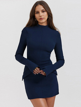 ブルー ボディコンドレス ラウンドネック フレアスリーブ ポケット パーティー ペンシルドレス