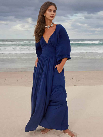 ボヘミアンドレス プリーツ Vネック 七分袖 ビーチ マキシドレス