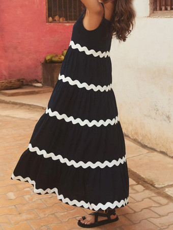 ノースリーブ ドレス スクープ ネック ツートンカラー マキシ チュニック ドレス