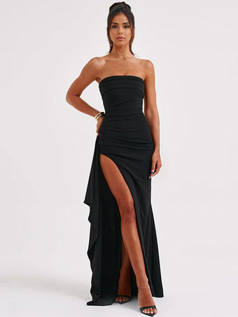 オフショルダー マキシドレス フリル プリーツ ハイカット プロムドレス