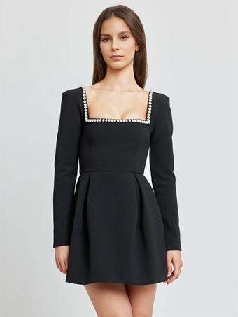 ブラック ブラック ミニドレス スクエアネック 長袖 コントラストトリム 卒業式ドレス