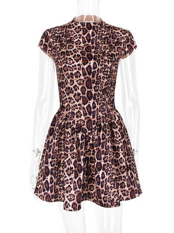 チータープリントミニドレス、オープンバックキャップスリーブハーフタートルネックプリーツバースデーパーティードレス2025