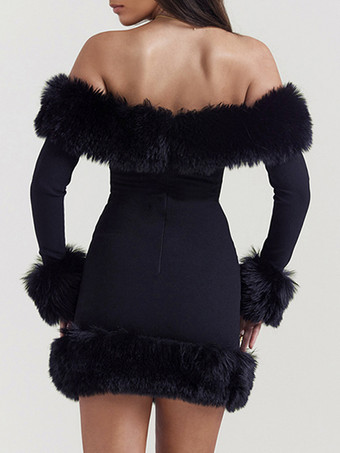フェイクファートリム オフショルダー ミニドレス セクシーな誕生日パーティードレス
