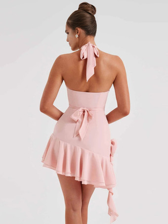ソフトピンクのホルターネックドレス、ブロッサムドレープネック、バックレス、レースアップ、イレギュラーミニドレス