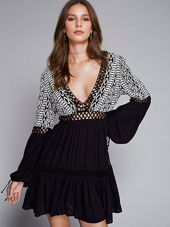 ブラック ボヘミアンドレスロングビショップスリーブディープVネック刺繍ボヘミアンジプシービーチバケーションホワイトコットン春夏ショートスケータードレス女性用