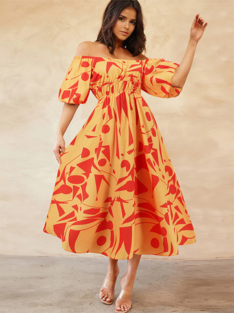 オレンジ花柄ドレス オフショルダー パフスリーブ カジュアル サマー ミディドレス