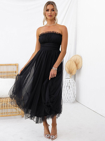 チュール ドレス ストラップレス プリーツ オフショルダー レイヤード プロム ミディドレス