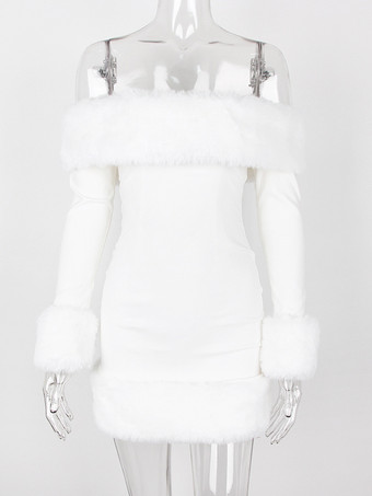 ホワイト フェイクファートリム オフショルダー ミニドレス セクシーな誕生日パーティードレス