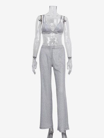 ジャケット、パンツ、ブラが付いた光沢のある3ピースのコーディネートセット（イブニングイベントやクラブ2025）