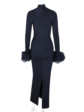 ボディコンロングドレス、フリル付き、長袖、ハイネック、プリーツスリットドレス、レディース 2026