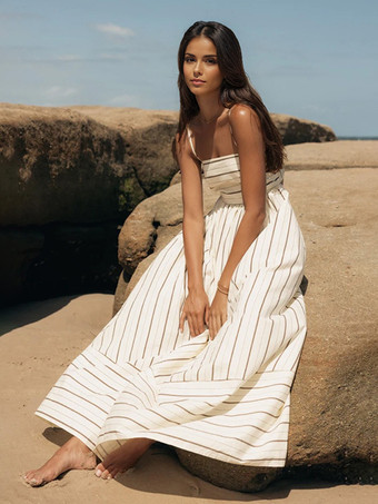 アプリコットサマードレスストラップネックストライプカットアウトバックレスアプリコットロングビーチドレス