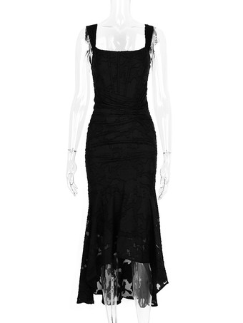 フローラル マキシドレス スクエアカラー ノースリーブ マーメイド プリーツ パーティードレス レディース 2025