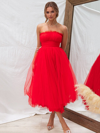 チュール ドレス ストラップレス プリーツ オフショルダー レイヤード プロム ミディドレス