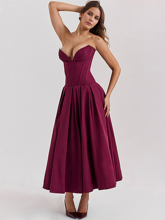 バーガンディープリンセスラインドレス プランジボディス フルサークルスカート プロムミディドレス