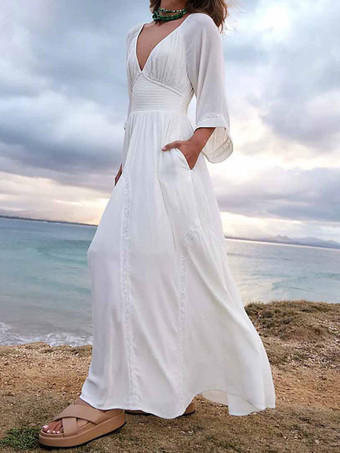 ボヘミアンドレス プリーツ Vネック 七分袖 ビーチ マキシドレス