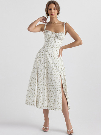 ホワイト サマーミディドレス ゴールデン ワンショルダー レースアップ ビーチドレス