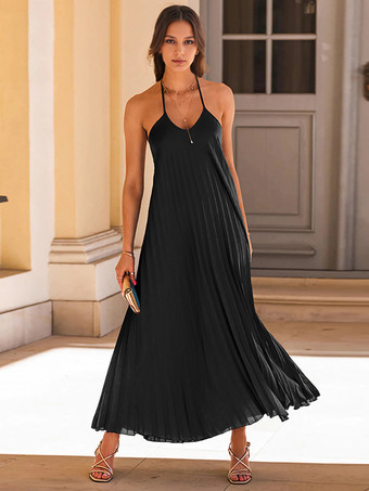 SchwarzBoho-Kleid mit Neckholder offenem Rücken und Rüschen lässige Sommerkleider in Volltonfarbe