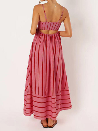 サマードレスストラップネックストライプカットアウトバックレスアプリコットロングビーチドレス