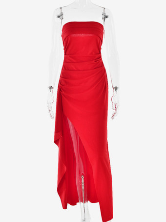 オフショルダー マキシドレス フリル プリーツ ハイカット プロムドレス