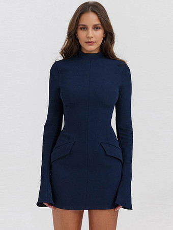 ボディコンドレス ラウンドネック フレアスリーブ ポケット パーティー ペンシルドレス