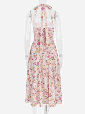 コルセットドレス 花柄ホルターネック レースアップフロント プリーツアイレットトリム パーティーミディドレス