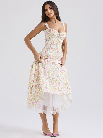 ローズレッドコルセットドレス 花柄 ワイドストラップ バックレス コテージコア ブランチ パーティー ミディドレス