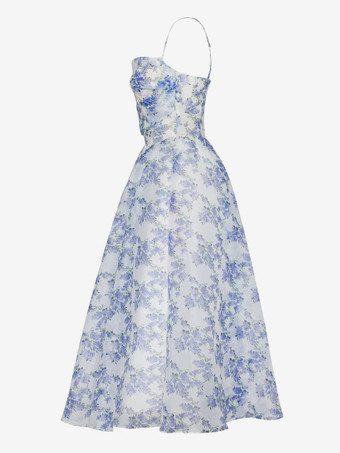 花柄ドレス スパゲッティストラップ バックレス レースアップ バースデーパーティー ミディドレス