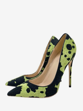 グリーン ハイヒールパンプス 馬毛 ポインテッドトゥ アニマル柄 スリッポンパンプス