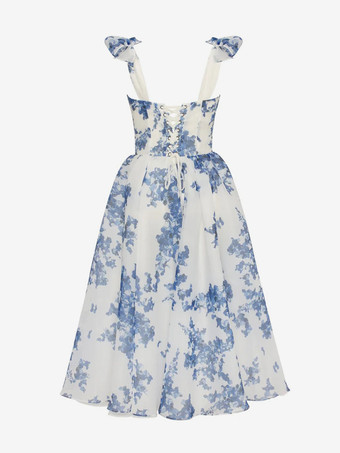 ライトスカイブルーのコルセットドレス タイストラップ フローラル Aライン エレガント パーティー プロム ミディドレス