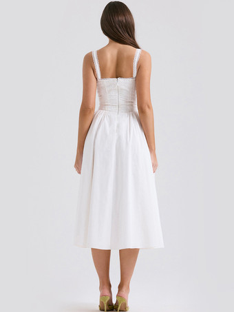 ホワイトコルセットドレス カットアウト ワイドストラップ レーストリム バックレス コテージコア ミディドレス