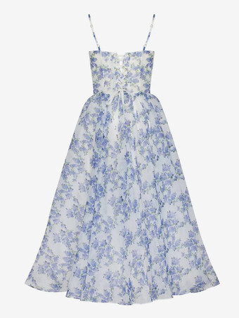 花柄ドレス スパゲッティストラップ バックレス レースアップ バースデーパーティー ミディドレス