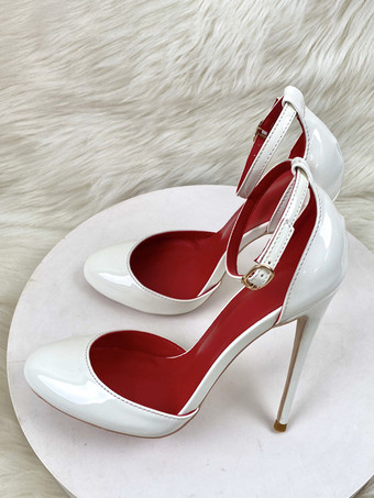ホワイト 赤いハイヒール メタリック ラウンドトゥ スティレットヒール アンクルストラップ パンプス