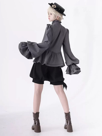 ゴスロリブラウス 王子ファッション 長袖 フリルネックシャツ グレー