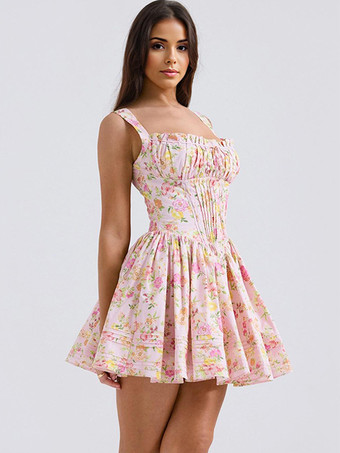 イエロー花柄ドレス ミニドレス レースアップ ストラップネック ノースリーブ コテージコア ショートドレス