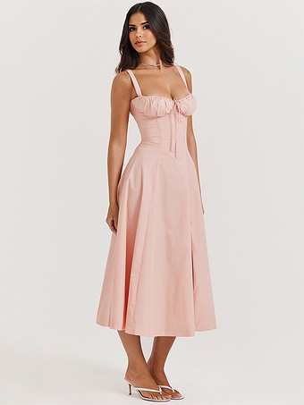 ソフトピンクのサマードレス ノースリーブ ストラップネック コテージコア レースアップ ミディドレス レディース