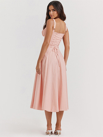 ソフトピンクのサマードレス ノースリーブ ストラップネック コテージコア レースアップ ミディドレス レディース